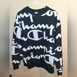 CHAMPION REVERSE WEAVE ALL OVER PRINT GIANT SCRIPT SWEATSHIRT BLACK MENS SIZE XL